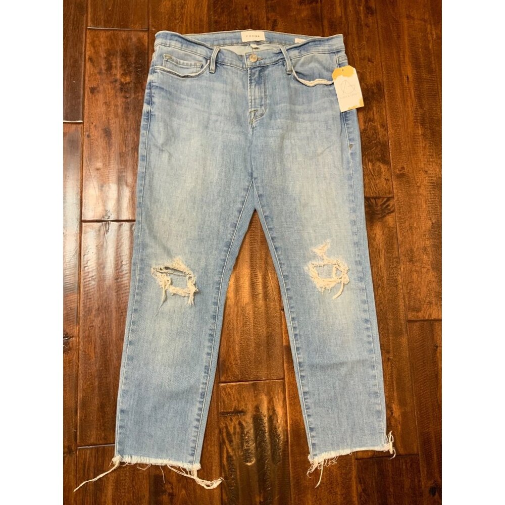 Frame Gray Light Wash "Le Garcon Crop" Distressed Blue Denim Jeans, Size 27